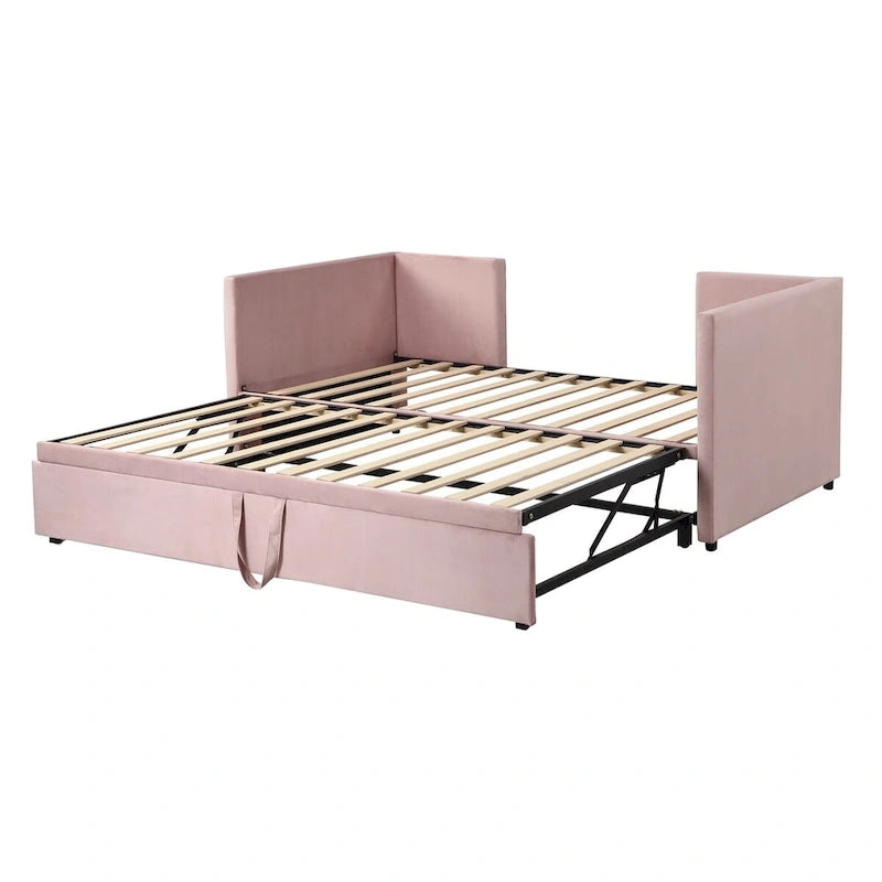 Velvet Upholstered Twin Daybed, Pop Up Trundle, Expandable to King Size, Versatile