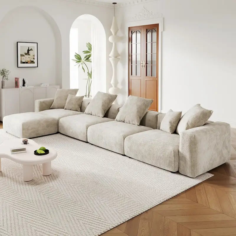 L-Shaped Couch Corduroy Sofa 5-seat Modular Large Sectional Couch with Ottoman for Living Room