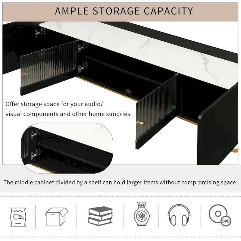 TV Stand with Fluted Glass,Entertainment Center for TVs Up to 70,Faux Marble Top TV Console Table with Gold Frame Base