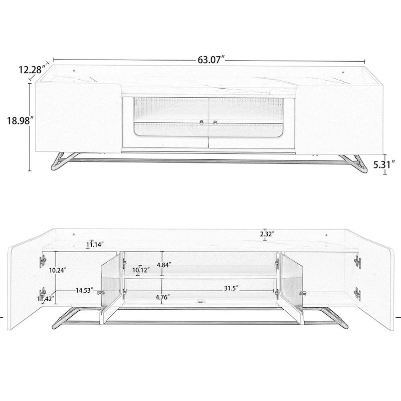 TV Stand with Fluted Glass,Entertainment Center for TVs Up to 70,Faux Marble Top TV Console Table with Gold Frame Base