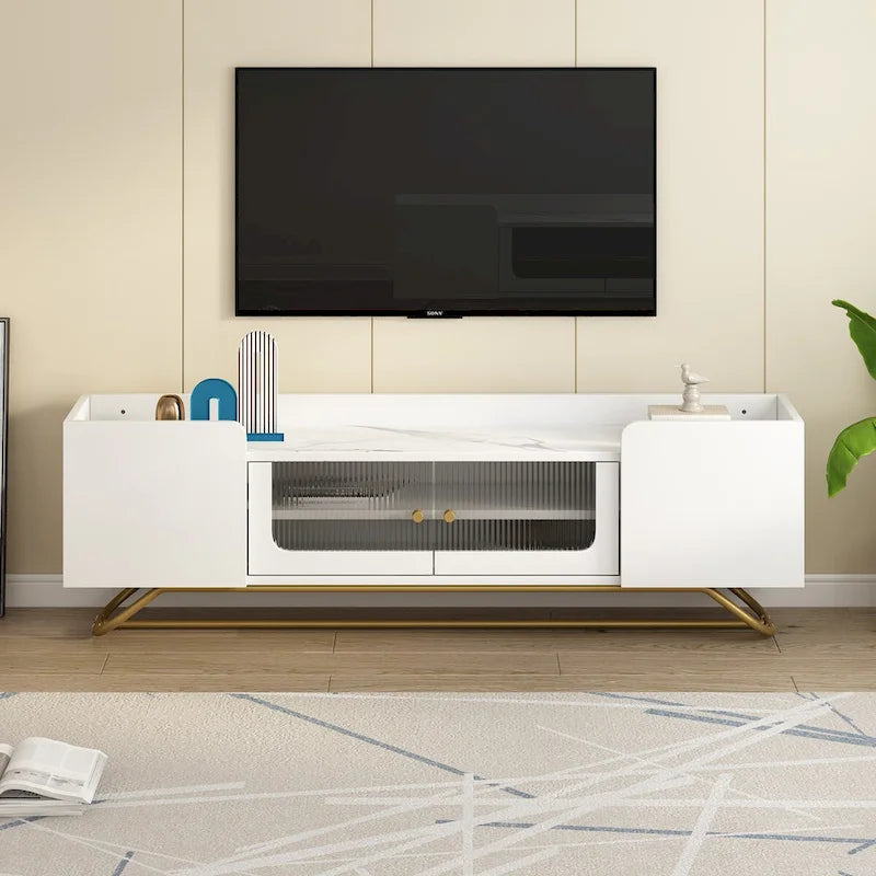 TV Stand with Fluted Glass,Entertainment Center for TVs Up to 70,Faux Marble Top TV Console Table with Gold Frame Base