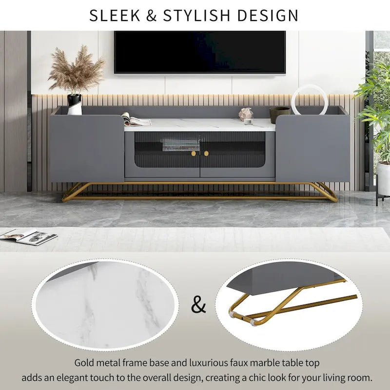 TV Stand with Fluted Glass,Entertainment Center for TVs Up to 70,Faux Marble Top TV Console Table with Gold Frame Base