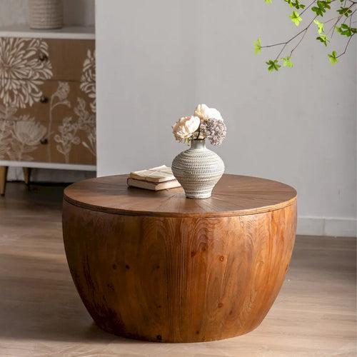 31.50Vintage Style Bucket Shaped Coffee Table with storage function, for Office, Dining Room and Living Room, Brown