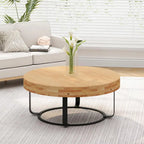 Modern Round Coffee Table with Wooden Carving Pattern and Metal Legs