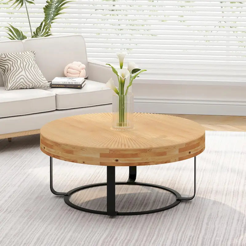 Modern Round Coffee Table with Wooden Carving Pattern and Metal Legs