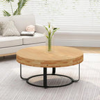 Modern Round Coffee Table with Wooden Carving Pattern and Metal Legs