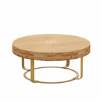 Modern Round Coffee Table with Wooden Carving Pattern and Metal Legs