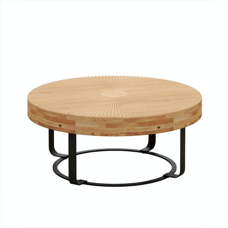 Modern Round Coffee Table with Wooden Carving Pattern and Metal Legs