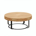 Modern Round Coffee Table with Wooden Carving Pattern and Metal Legs