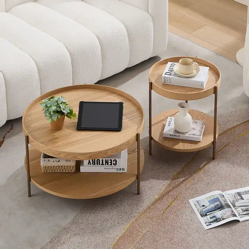 Set of 2 Modern 2 Tier Round Nesting Storage Coffee Table Set for Living Room