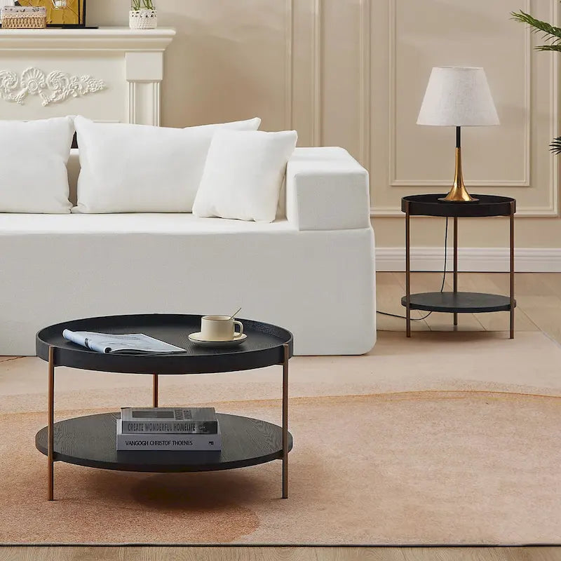 Set of 2 Modern 2 Tier Round Nesting Storage Coffee Table Set for Living Room
