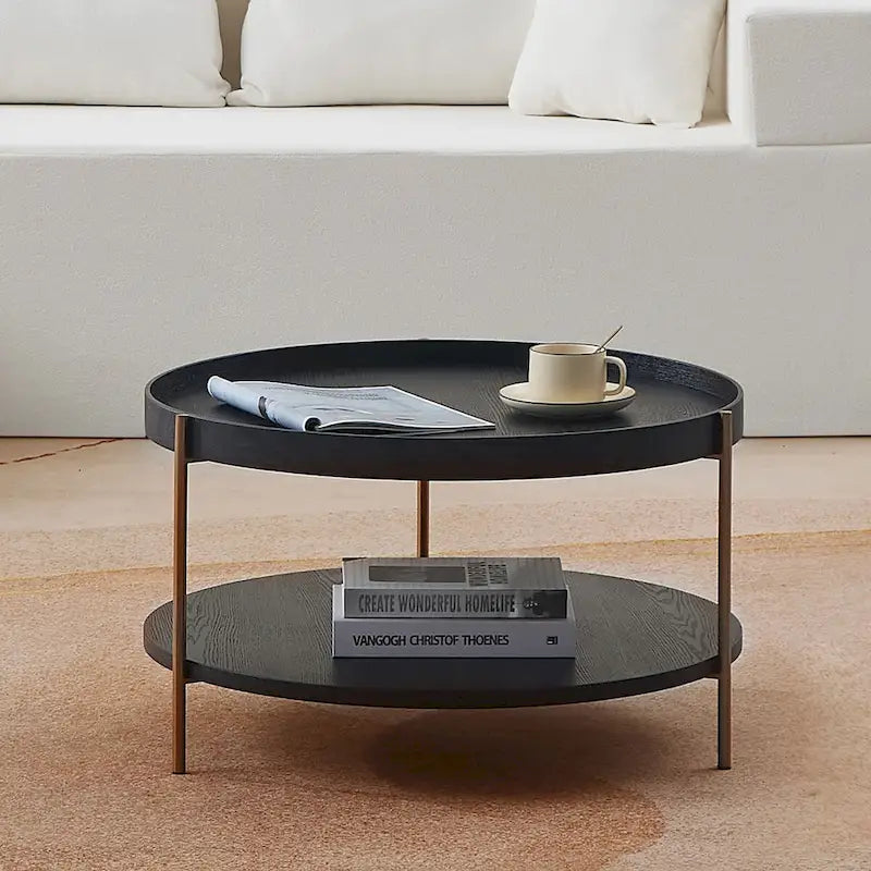Set of 2 Modern 2 Tier Round Nesting Storage Coffee Table Set for Living Room