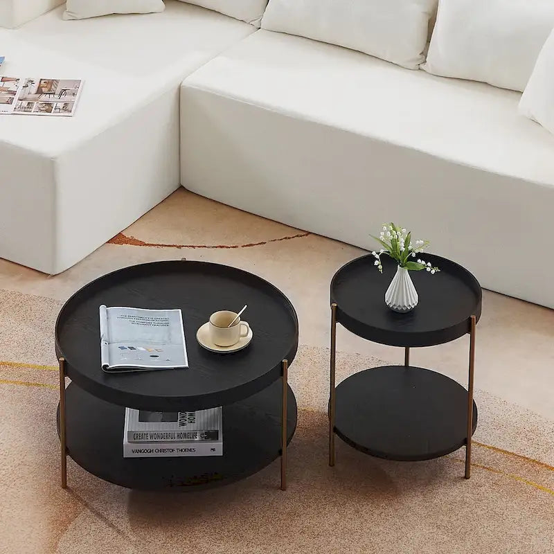 Set of 2 Modern 2 Tier Round Nesting Storage Coffee Table Set for Living Room