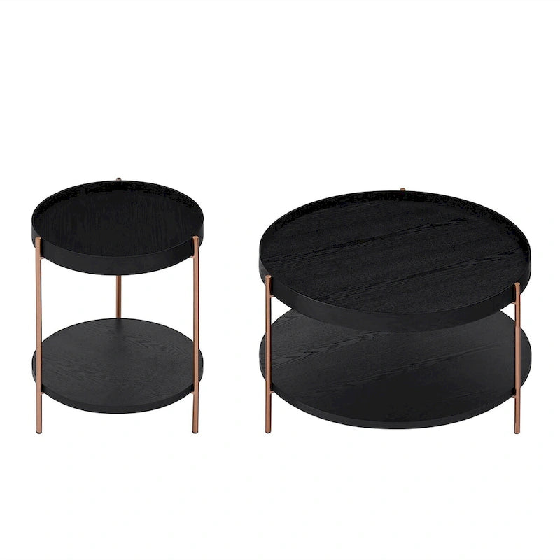 Set of 2 Modern 2 Tier Round Nesting Storage Coffee Table Set for Living Room