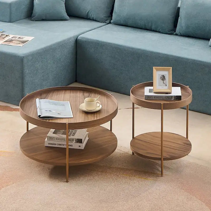 Set of 2 Modern 2 Tier Round Nesting Storage Coffee Table Set for Living Room