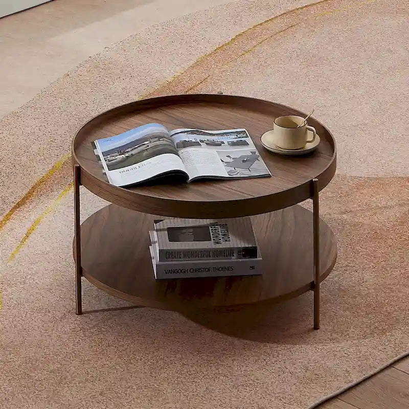 Set of 2 Modern 2 Tier Round Nesting Storage Coffee Table Set for Living Room