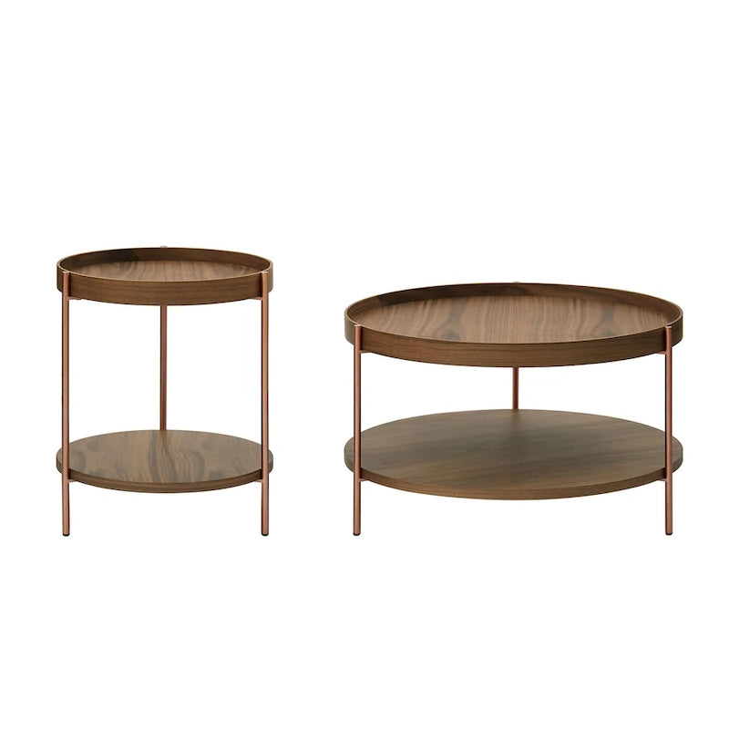 Set of 2 Modern 2 Tier Round Nesting Storage Coffee Table Set for Living Room