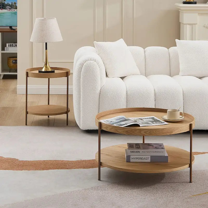 Set of 2 Modern 2 Tier Round Nesting Storage Coffee Table Set for Living Room