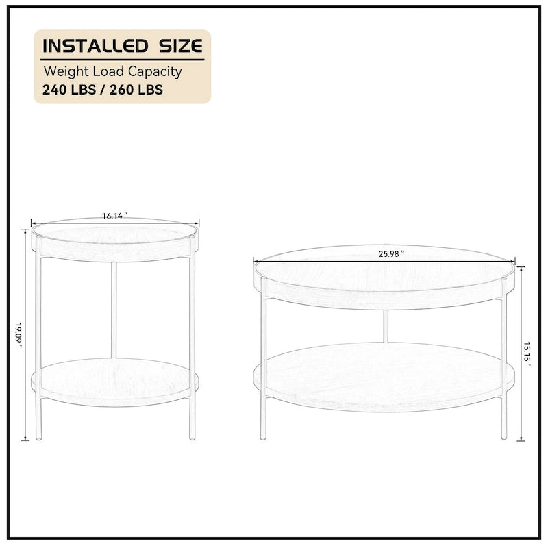 Set of 2 Modern 2 Tier Round Nesting Storage Coffee Table Set for Living Room