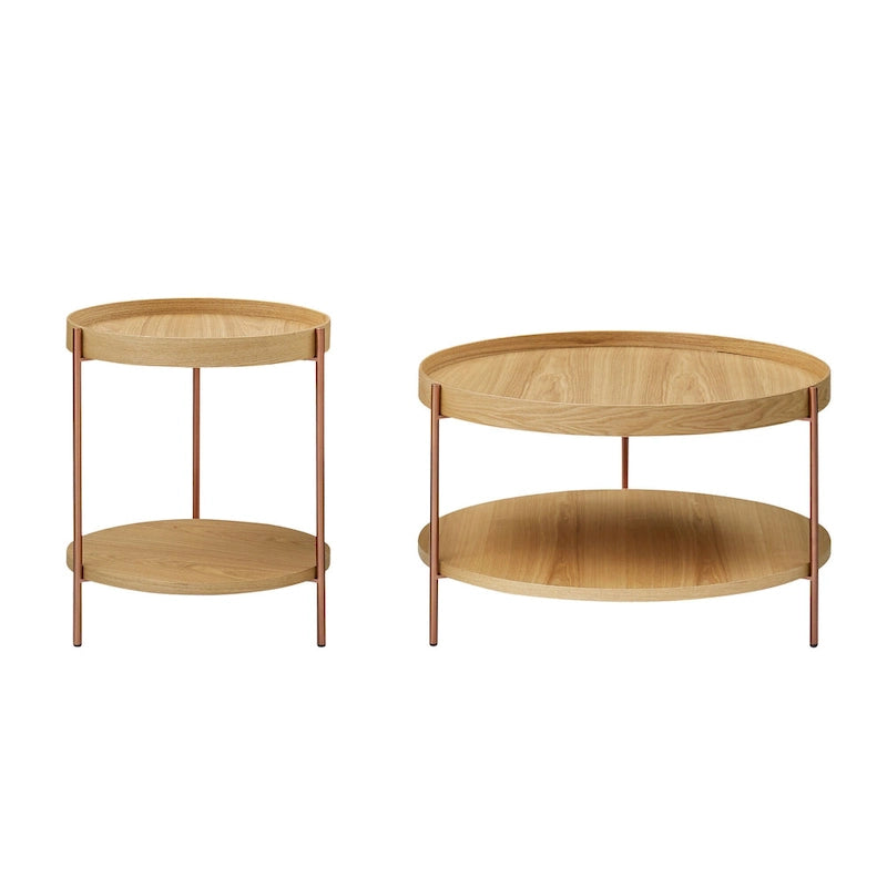 Set of 2 Modern 2 Tier Round Nesting Storage Coffee Table Set for Living Room