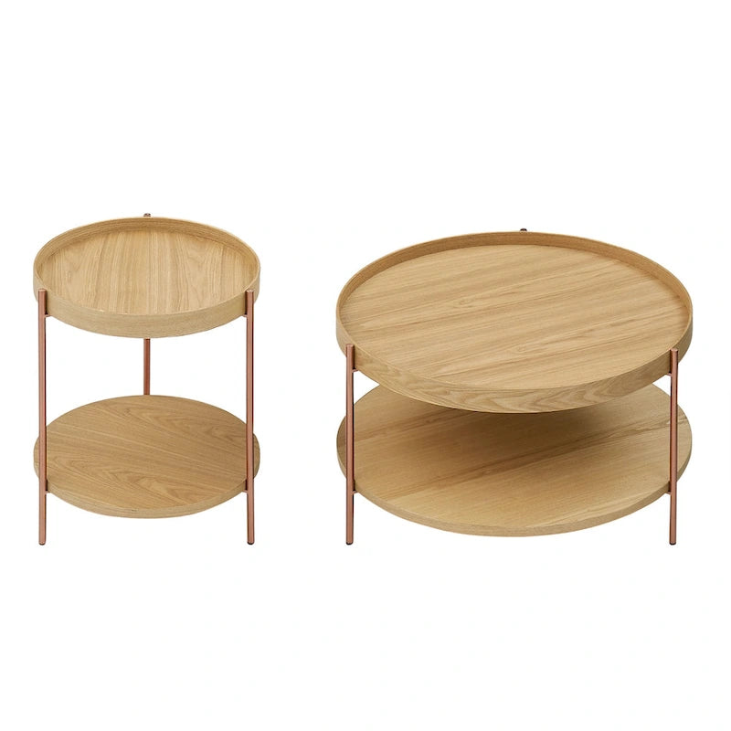 Set of 2 Modern 2 Tier Round Nesting Storage Coffee Table Set for Living Room