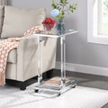 Grondin Modern Contemporary C-Shaped Side Table Snack Table with Tempered Glass, Steel and Acrylic Frame, Lockable Casters