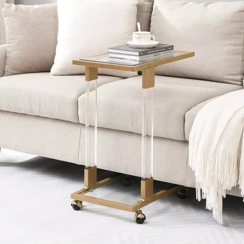Grondin Modern Contemporary C-Shaped Side Table Snack Table with Tempered Glass, Steel and Acrylic Frame, Lockable Casters