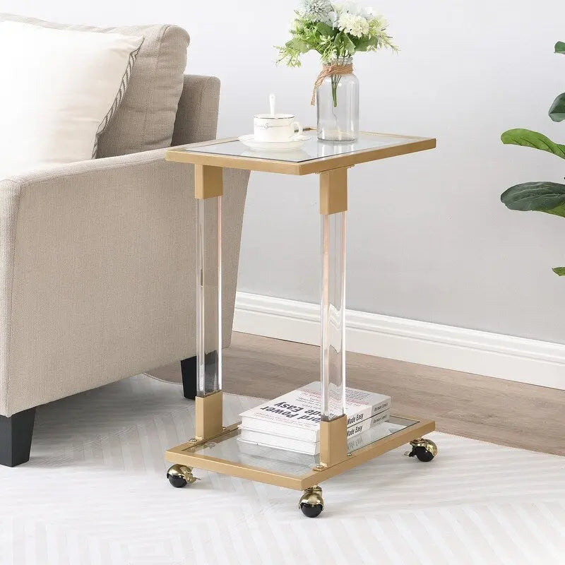 Grondin Modern Contemporary C-Shaped Side Table Snack Table with Tempered Glass, Steel and Acrylic Frame, Lockable Casters