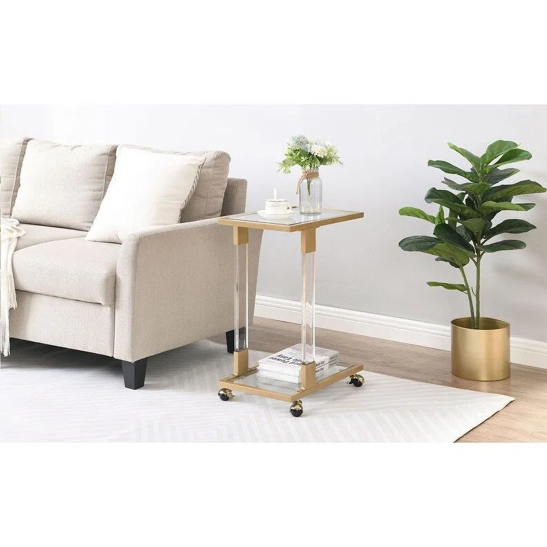 Grondin Modern Contemporary C-Shaped Side Table Snack Table with Tempered Glass, Steel and Acrylic Frame, Lockable Casters