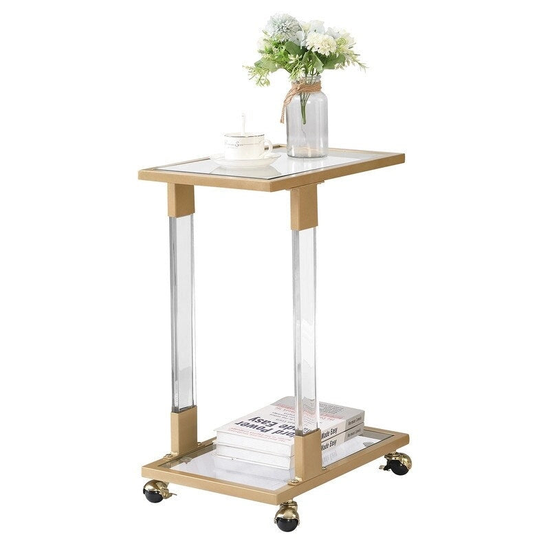 Grondin Modern Contemporary C-Shaped Side Table Snack Table with Tempered Glass, Steel and Acrylic Frame, Lockable Casters