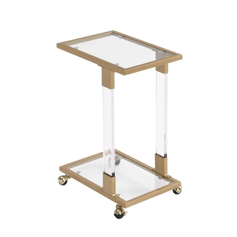 Grondin Modern Contemporary C-Shaped Side Table Snack Table with Tempered Glass, Steel and Acrylic Frame, Lockable Casters