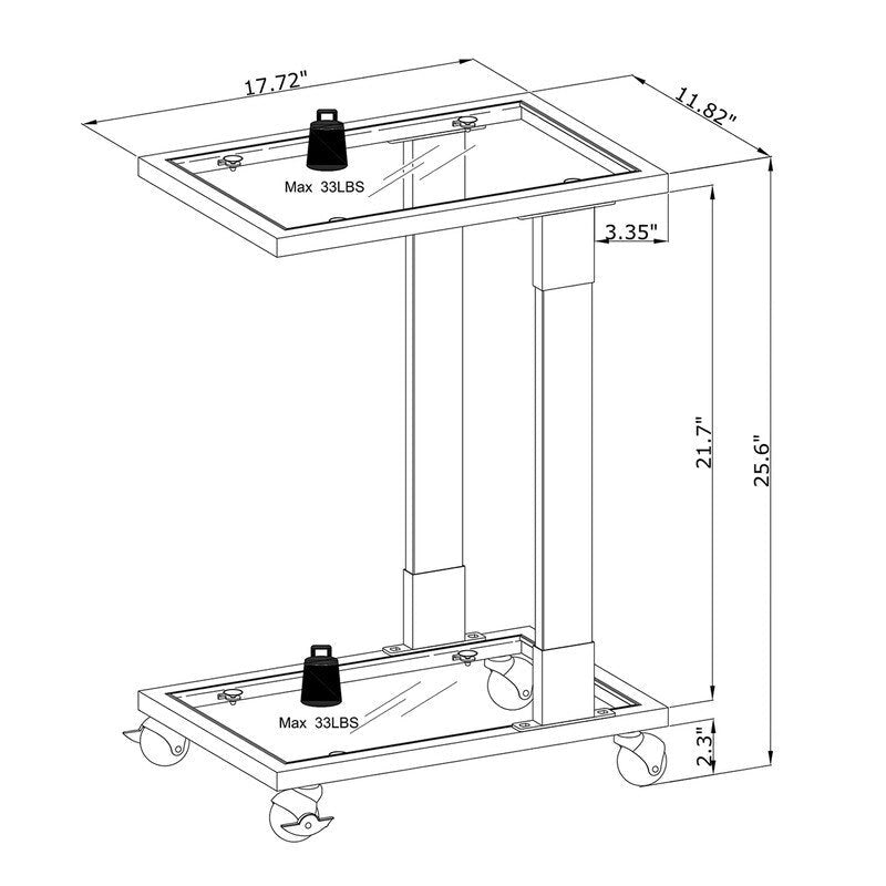 Grondin Modern Contemporary C-Shaped Side Table Snack Table with Tempered Glass, Steel and Acrylic Frame, Lockable Casters