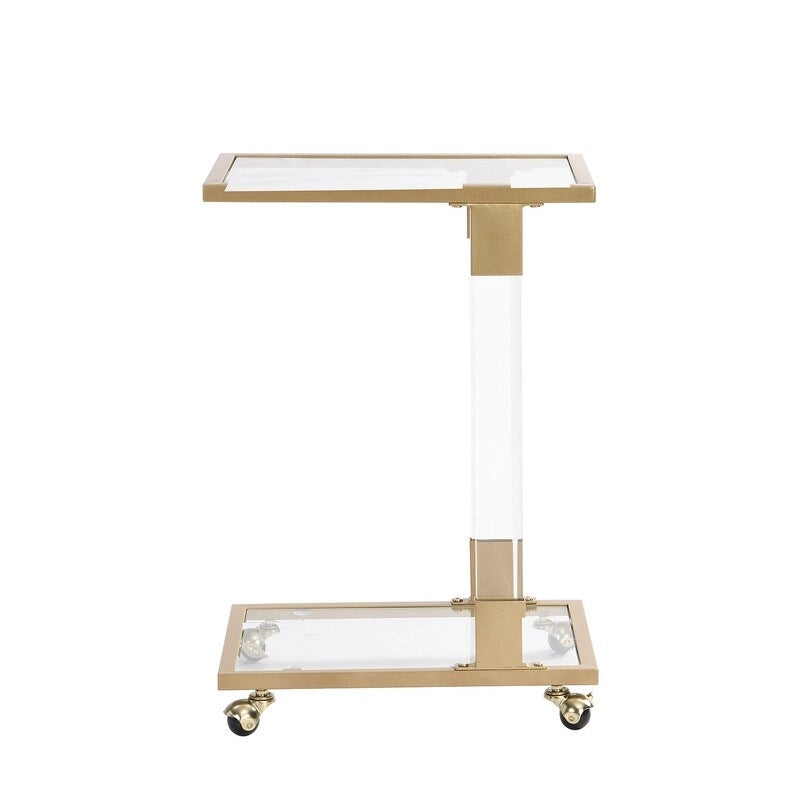 Grondin Modern Contemporary C-Shaped Side Table Snack Table with Tempered Glass, Steel and Acrylic Frame, Lockable Casters