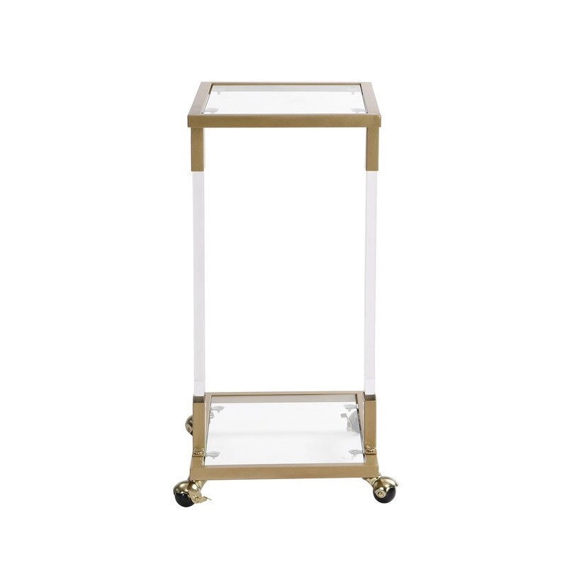 Grondin Modern Contemporary C-Shaped Side Table Snack Table with Tempered Glass, Steel and Acrylic Frame, Lockable Casters