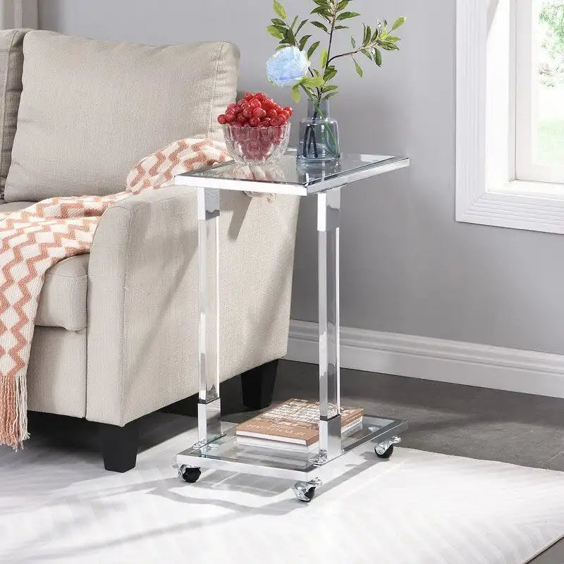 Grondin Modern Contemporary C-Shaped Side Table Snack Table with Tempered Glass, Steel and Acrylic Frame, Lockable Casters