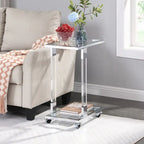 Grondin Modern Contemporary C-Shaped Side Table Snack Table with Tempered Glass, Steel and Acrylic Frame, Lockable Casters