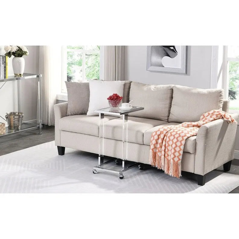 Grondin Modern Contemporary C-Shaped Side Table Snack Table with Tempered Glass, Steel and Acrylic Frame, Lockable Casters