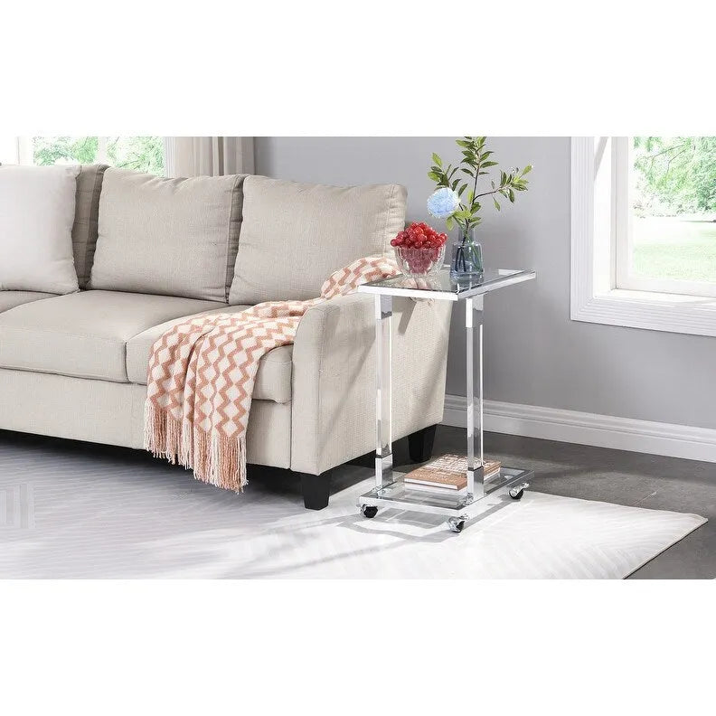 Grondin Modern Contemporary C-Shaped Side Table Snack Table with Tempered Glass, Steel and Acrylic Frame, Lockable Casters