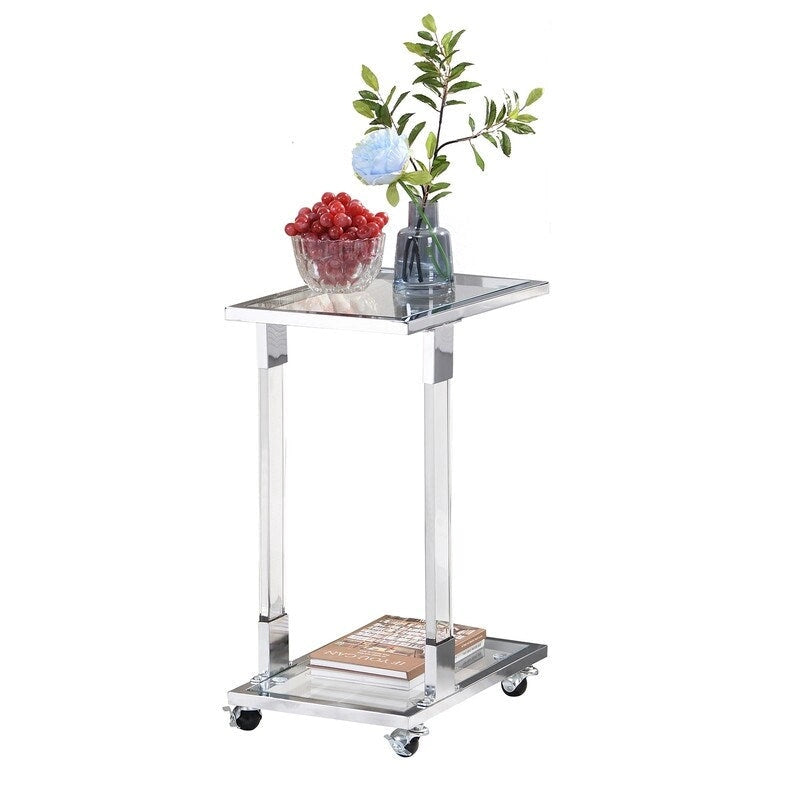 Grondin Modern Contemporary C-Shaped Side Table Snack Table with Tempered Glass, Steel and Acrylic Frame, Lockable Casters