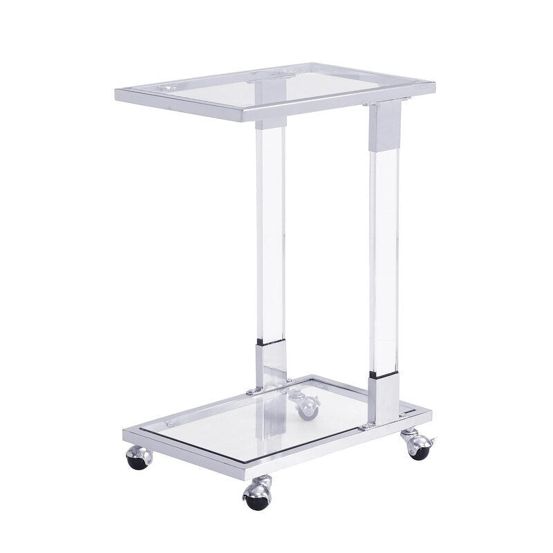 Grondin Modern Contemporary C-Shaped Side Table Snack Table with Tempered Glass, Steel and Acrylic Frame, Lockable Casters
