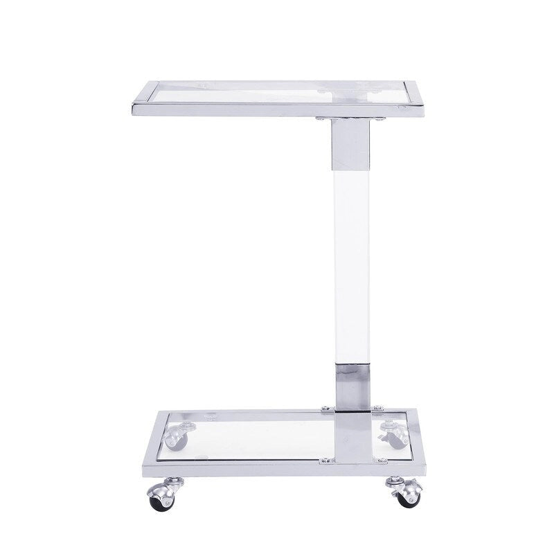 Grondin Modern Contemporary C-Shaped Side Table Snack Table with Tempered Glass, Steel and Acrylic Frame, Lockable Casters