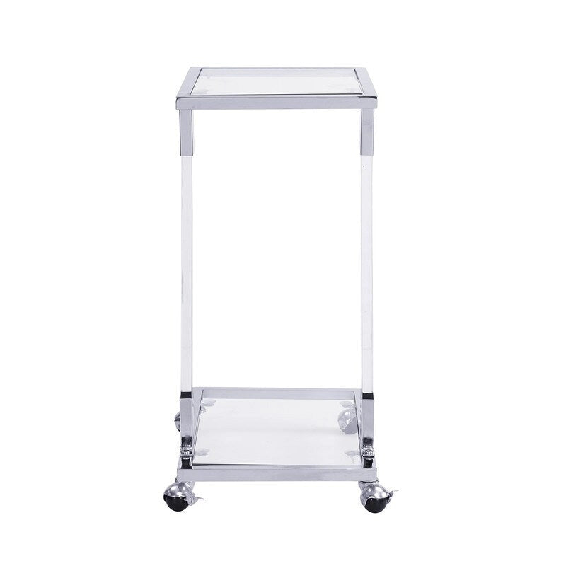 Grondin Modern Contemporary C-Shaped Side Table Snack Table with Tempered Glass, Steel and Acrylic Frame, Lockable Casters