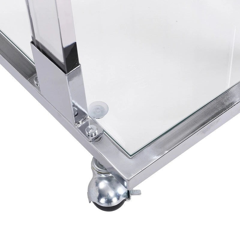 Grondin Modern Contemporary C-Shaped Side Table Snack Table with Tempered Glass, Steel and Acrylic Frame, Lockable Casters
