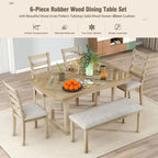 6-Piece Rubber Wood Dining Table Set with Beautiful Wood Grain Pattern Tabletop