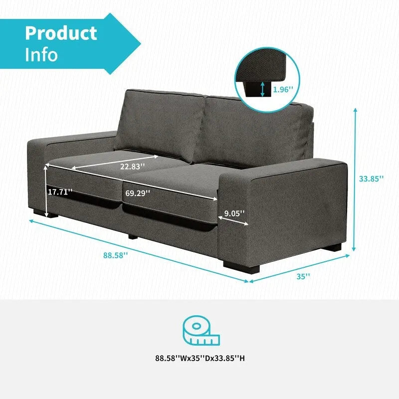 Mixoy Modern Loveseat Couch,87 Velvet Sofa Couch, 3 Seater Loveseat with Extra Deep Seats,Upholstered Sofa with Square Armrest