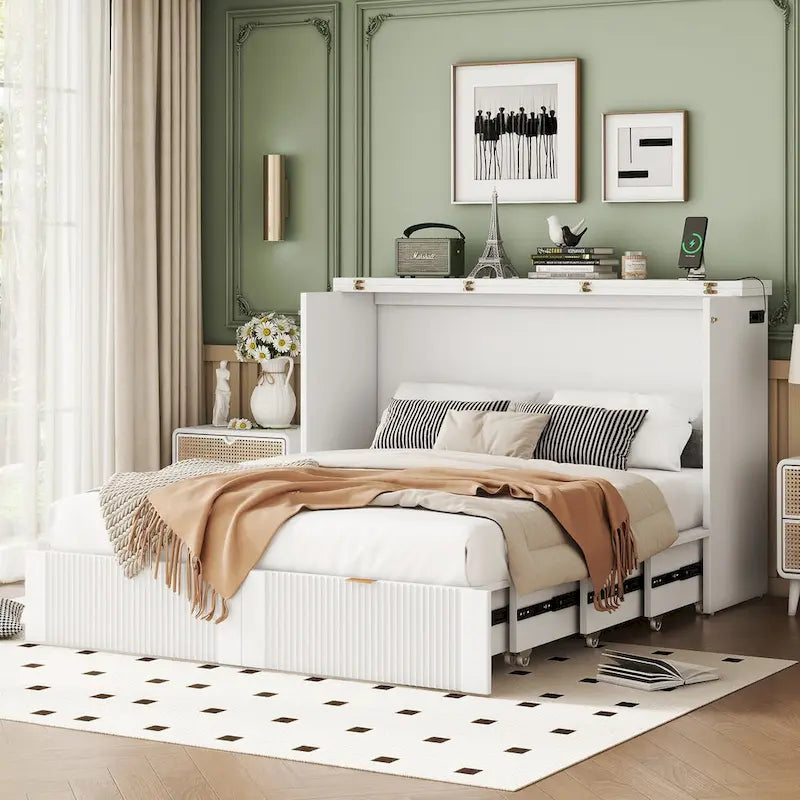 Nestfair Full Size Murphy Bed Wall Bed with drawer and a set of Sockets & USB Ports