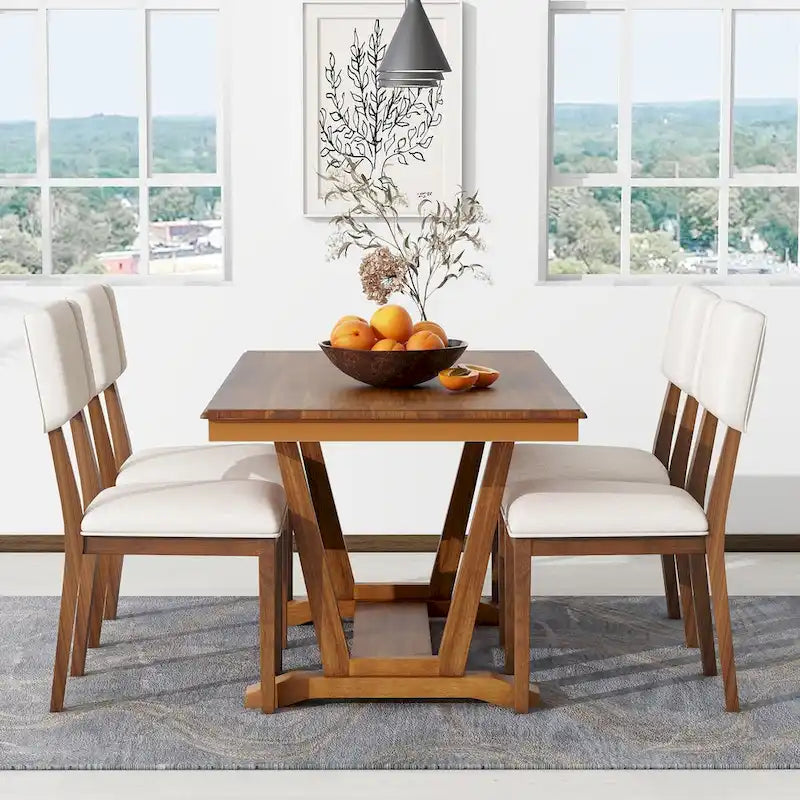 Rustic 5-Piece Dining Set - Solid Wood Table with Trestle Base, 59-inch Rectangular Dining Table and 4 Upholstered Chairs