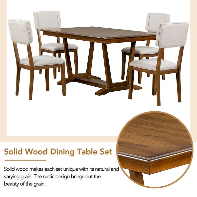 Rustic 5-Piece Dining Set - Solid Wood Table with Trestle Base, 59-inch Rectangular Dining Table and 4 Upholstered Chairs