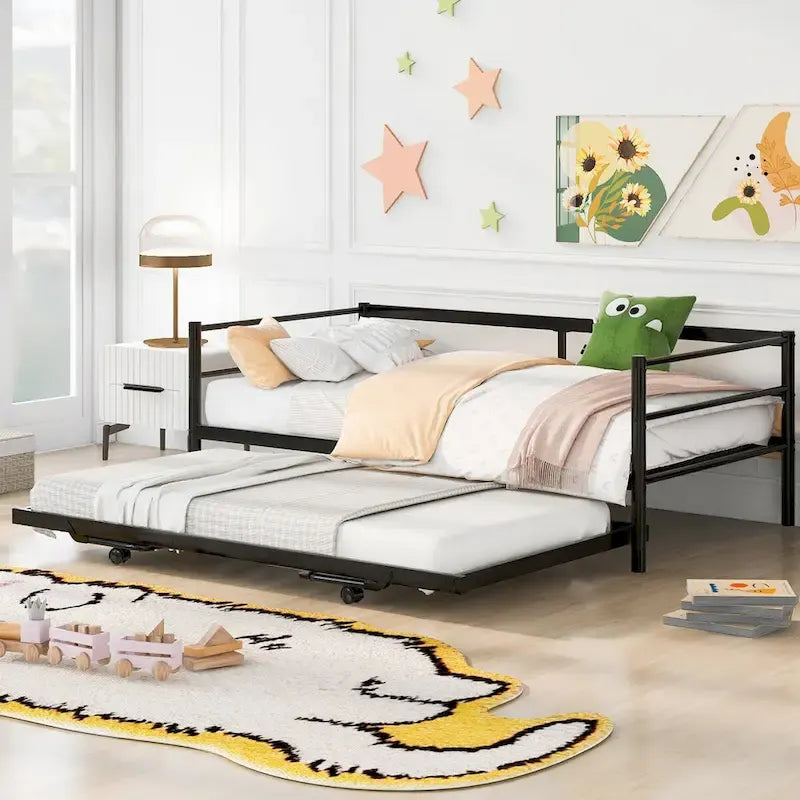 Black Industrial Style Metal Twin Daybed, Adjustable Pop-Up Trundle, Sturdy Frame
