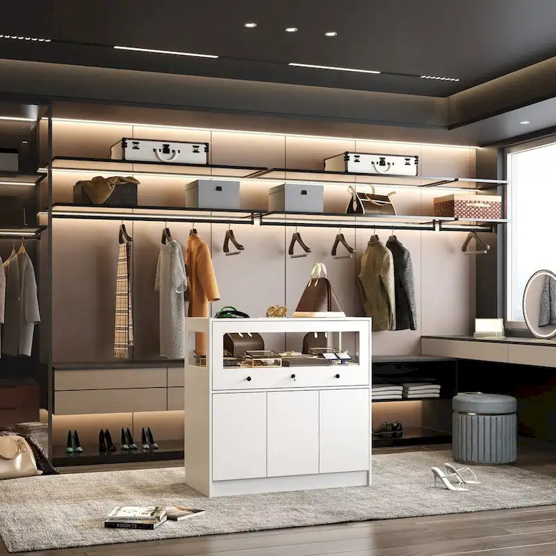 Display Cabinet with Tempered Glass Top and Lockable Storage Closet - 39.4